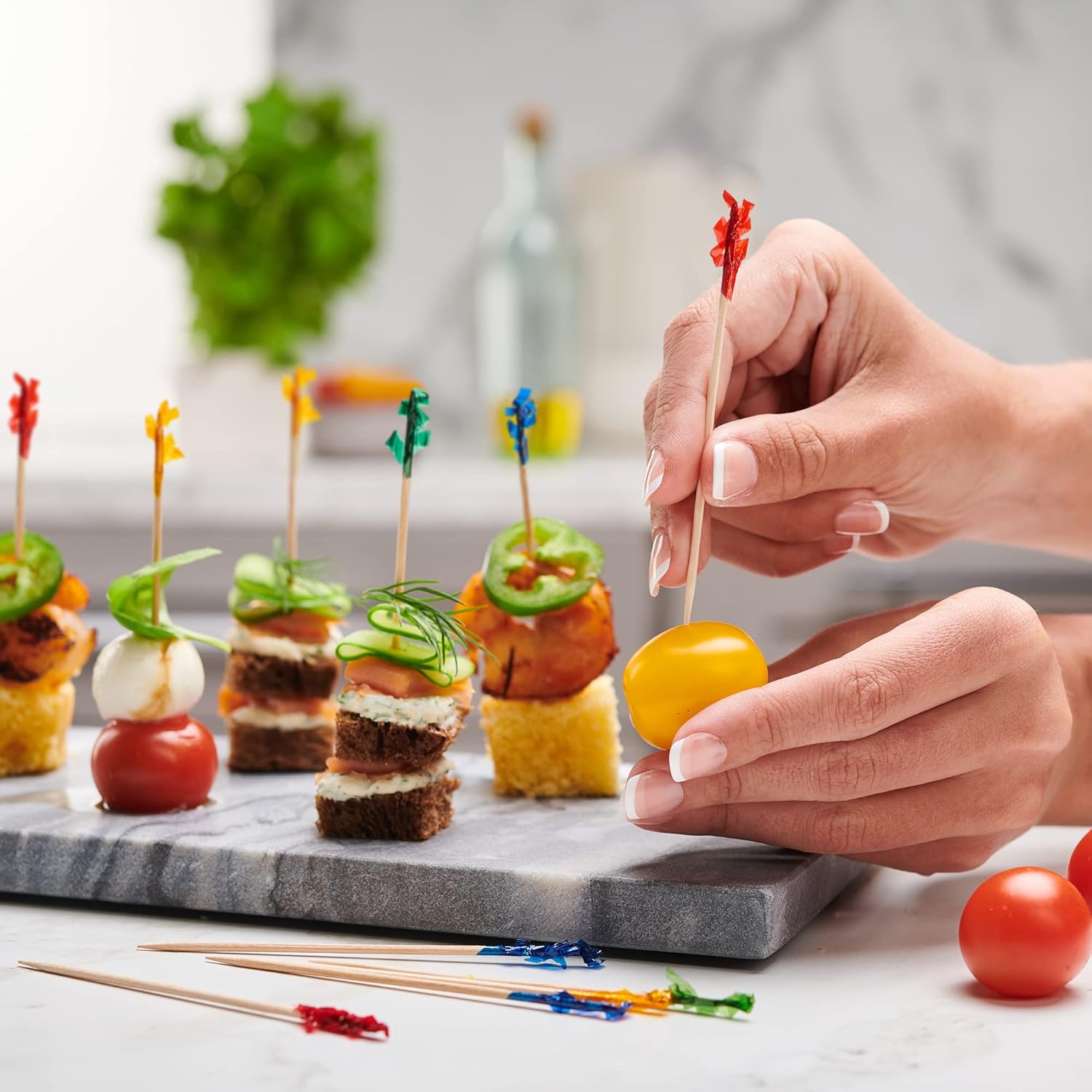 [Case of 10,000] Cocktail Picks & Food Toothpicks - 4 Inch Wooden Pick Skewers for Drinks, Appetizers, & Sandwiches - Fancy Assorted Colored Frills (Formerly Comfy Package)