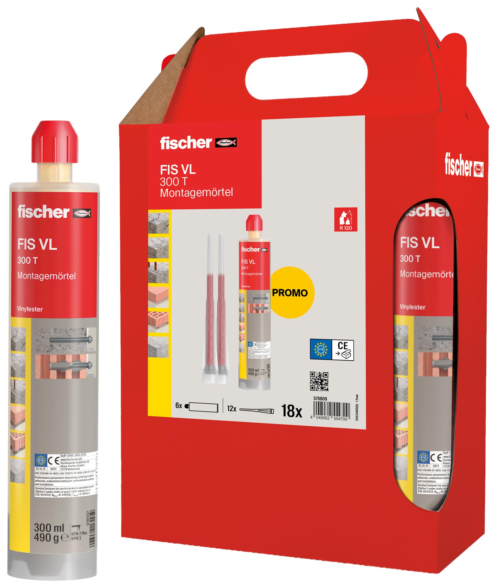fischer Montagemörtel FIS VL 300 T im handlichen Sixpack, der wetterfeste Injektionsmörtel für zuverlässige Verankerungen in gerissenem Beton und in Mauerwerk, 6 Kartuschen à 300 ml