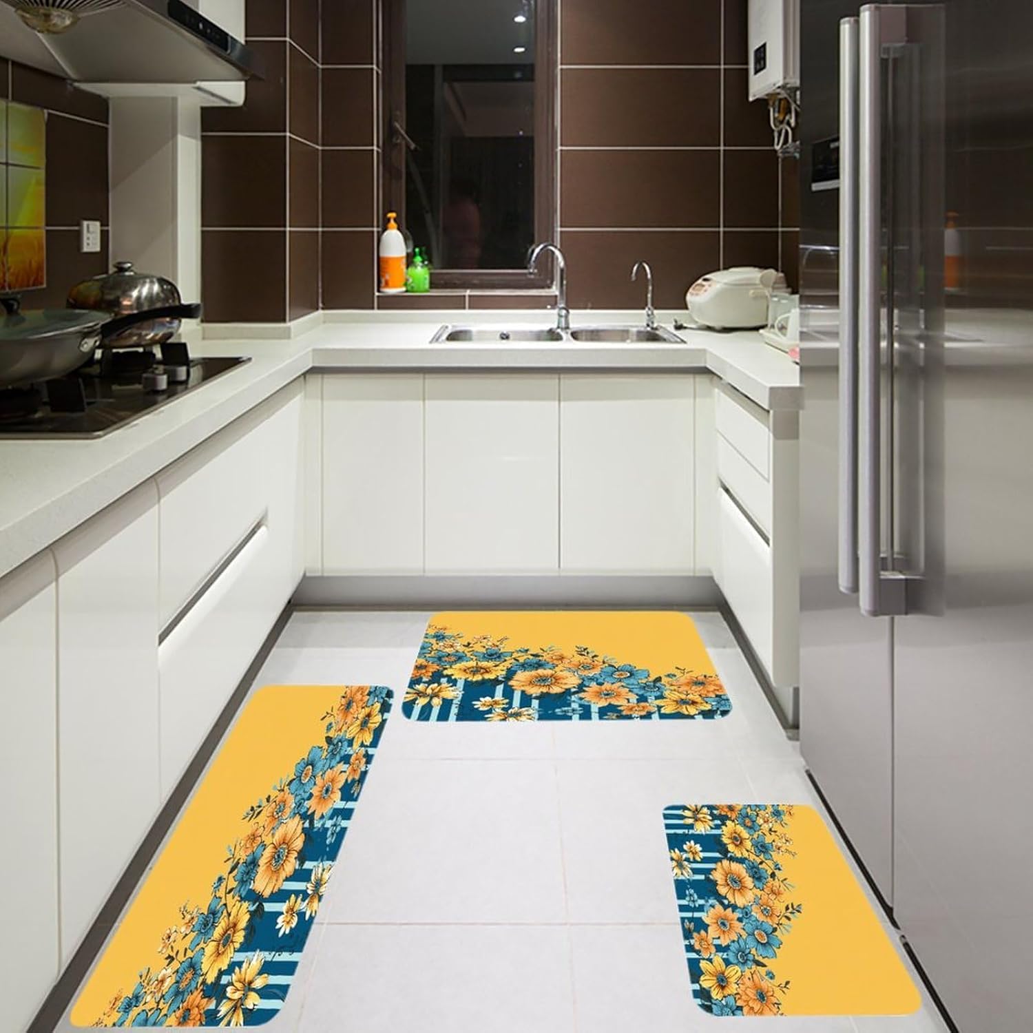 Yellow and Blue Floral Kitchen Mats Soft Absorbent Rugs for Floor Non Slip Washable Kitchen Mats Fashion Rectangular Rugs for Three-Piece Set for Laundry Office Home Sink
