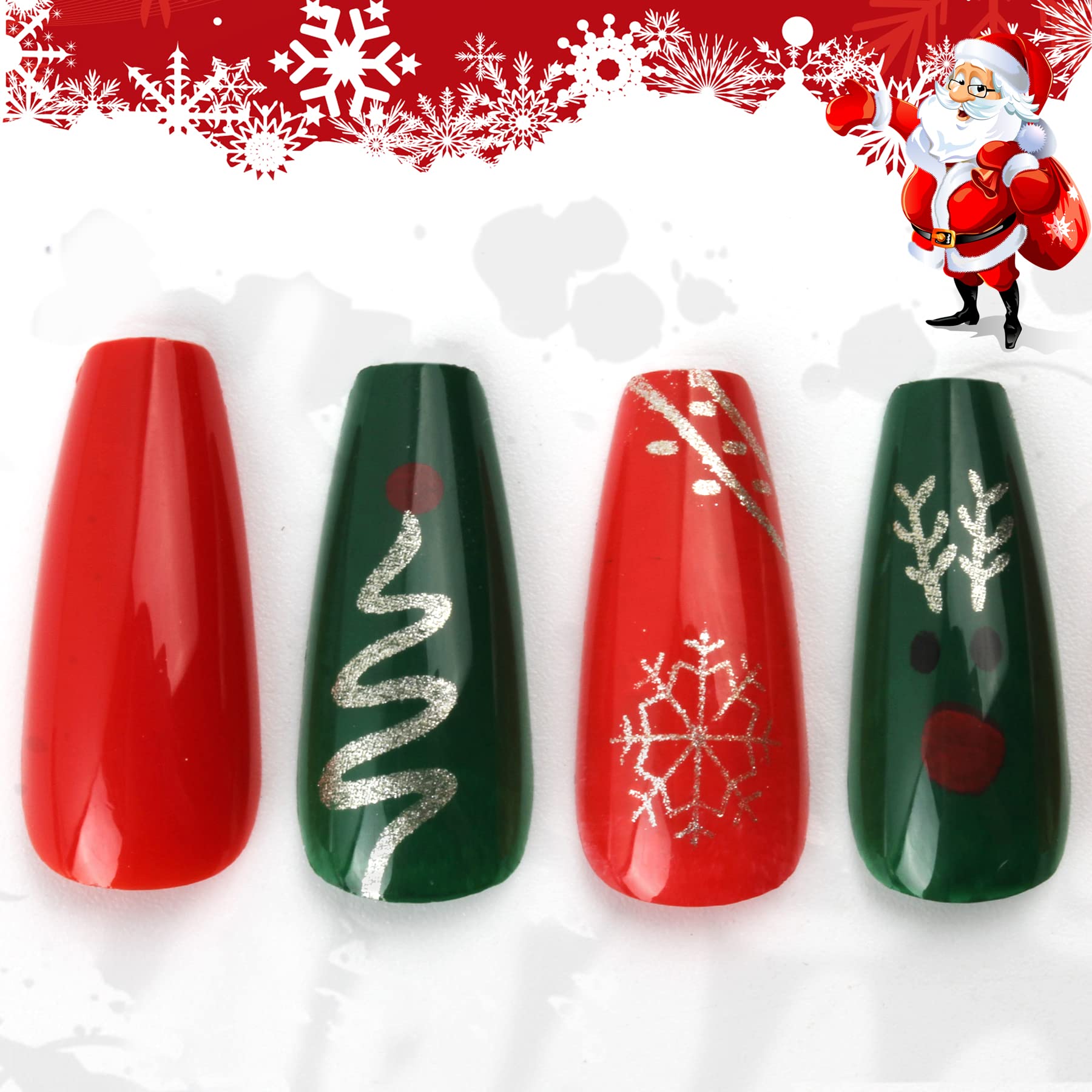 NaturGuard30Pcs New Year gift Medium Square Press on Nails, RED/GREEN Festival Snowflake and Elk face False Nails Tips, Women`s Daily Press-on Fake Nails (X`mas Red & Green Elf face)