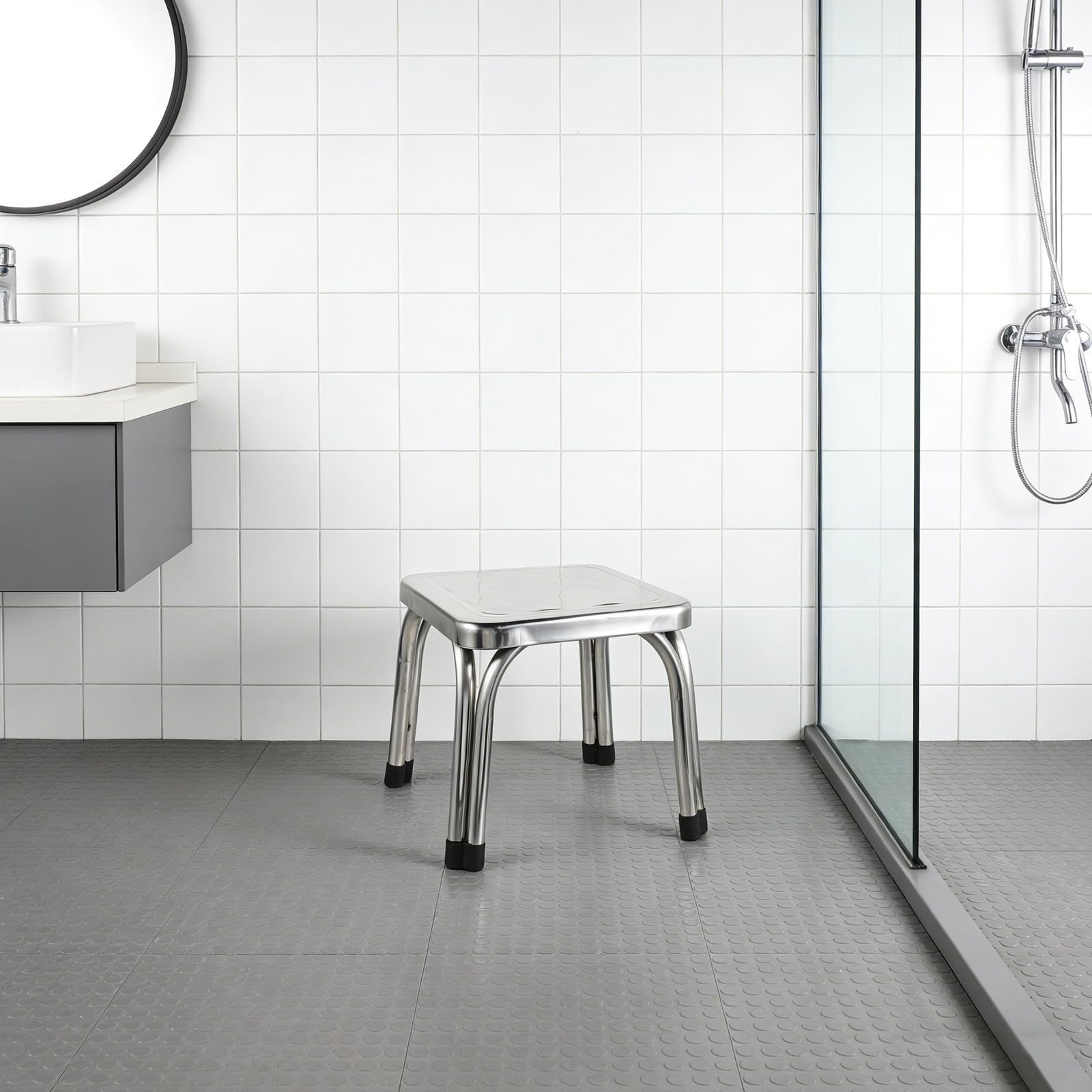 TOPBATHY Taburete de Ducha de Acero Inoxidable Soporte Resistente y Superficie Antideslizante, Banco Compacto para Baño en Hotel y Hogar, Adecuado para Adultos y Personas Mayores