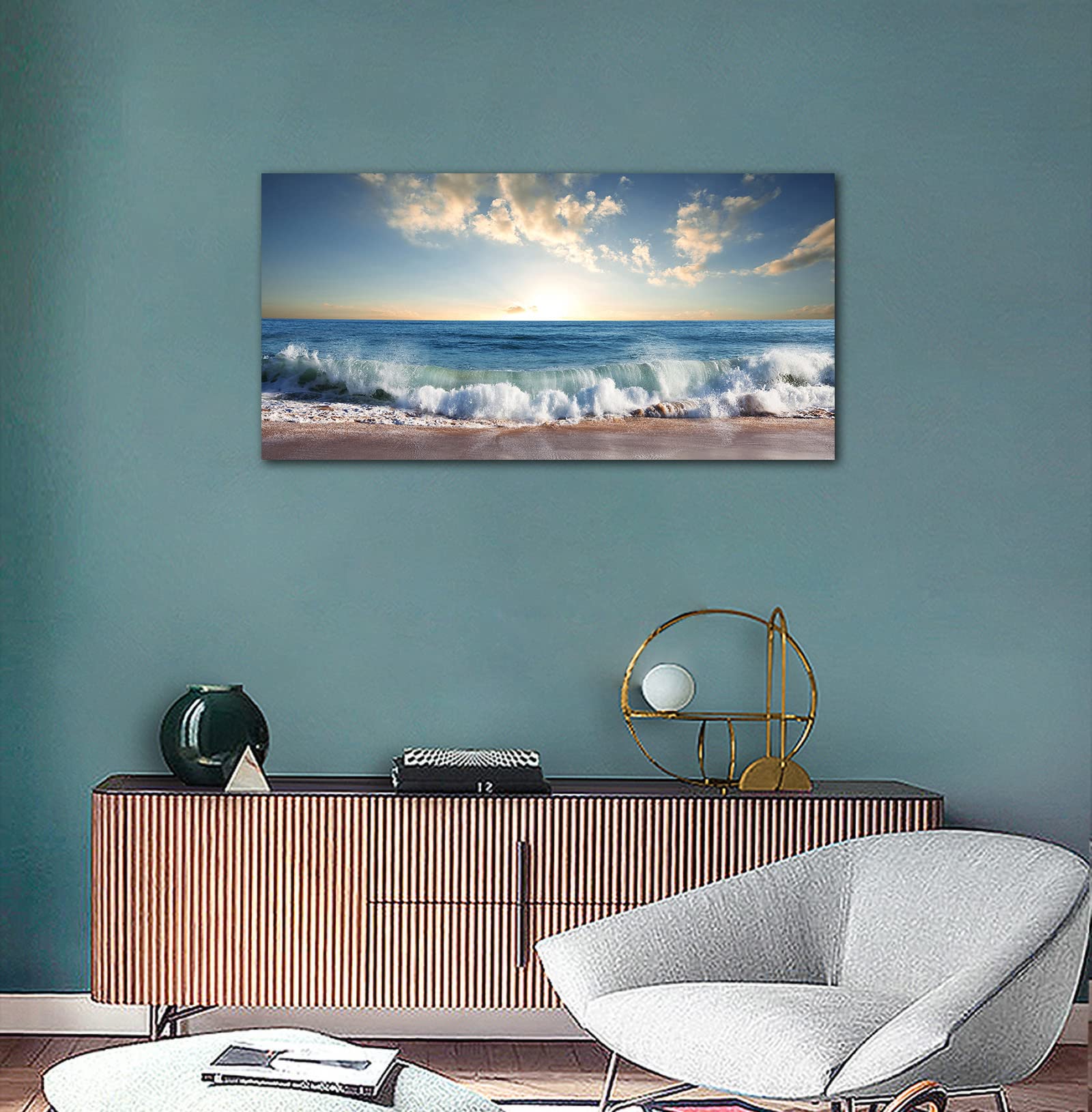 Amazon.com: Ocean Wave Canvas Wall Art Beach Sunset Pictures