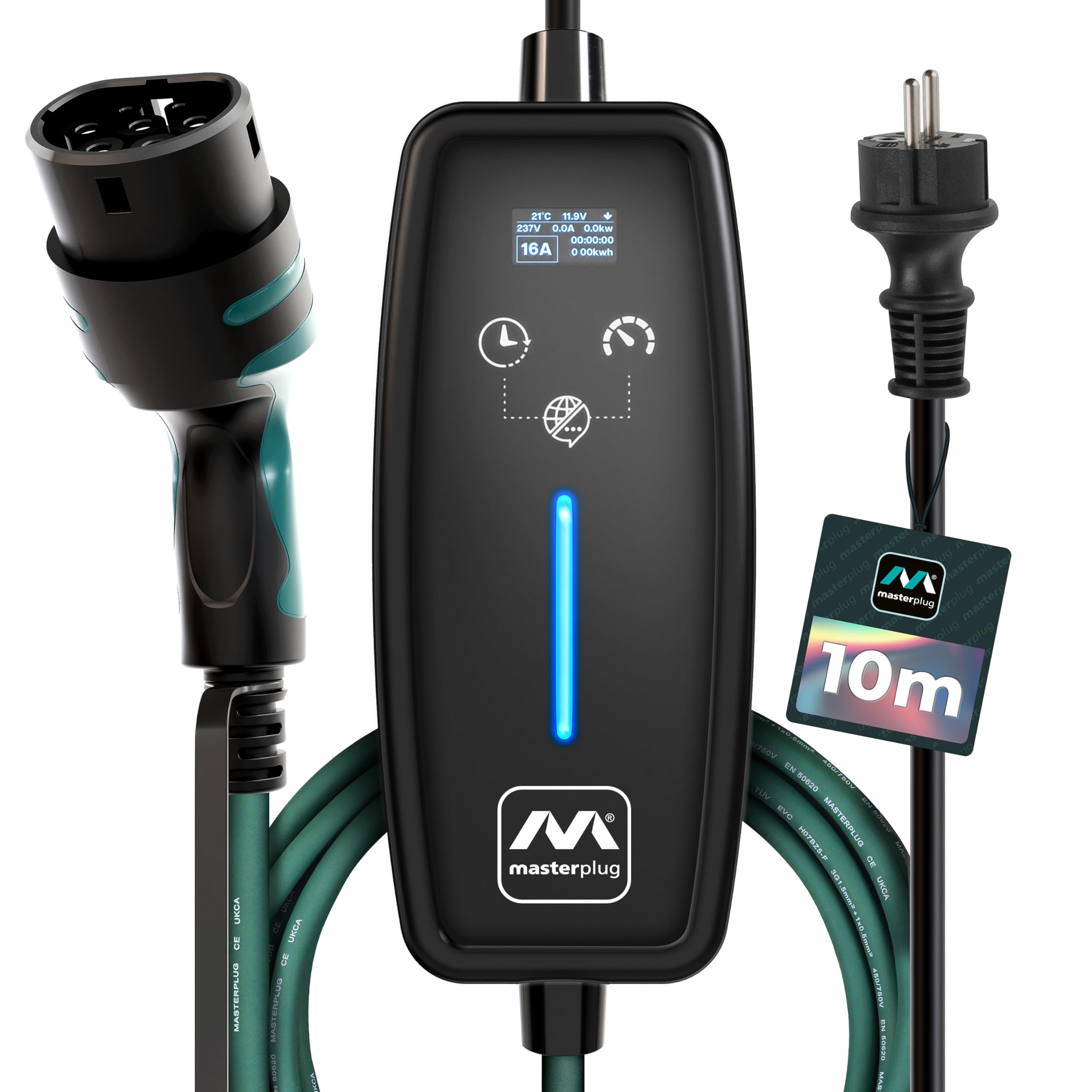 Masterplug Cable de Carga VE para Vehículos Eléctricos e Híbridos, 10 Metros, Modo 2, Enchufe Schuko de 3 Pines EU a Cargador de Coche Tipo 2, 3,6kW, 16A, EVCM221610G/EU