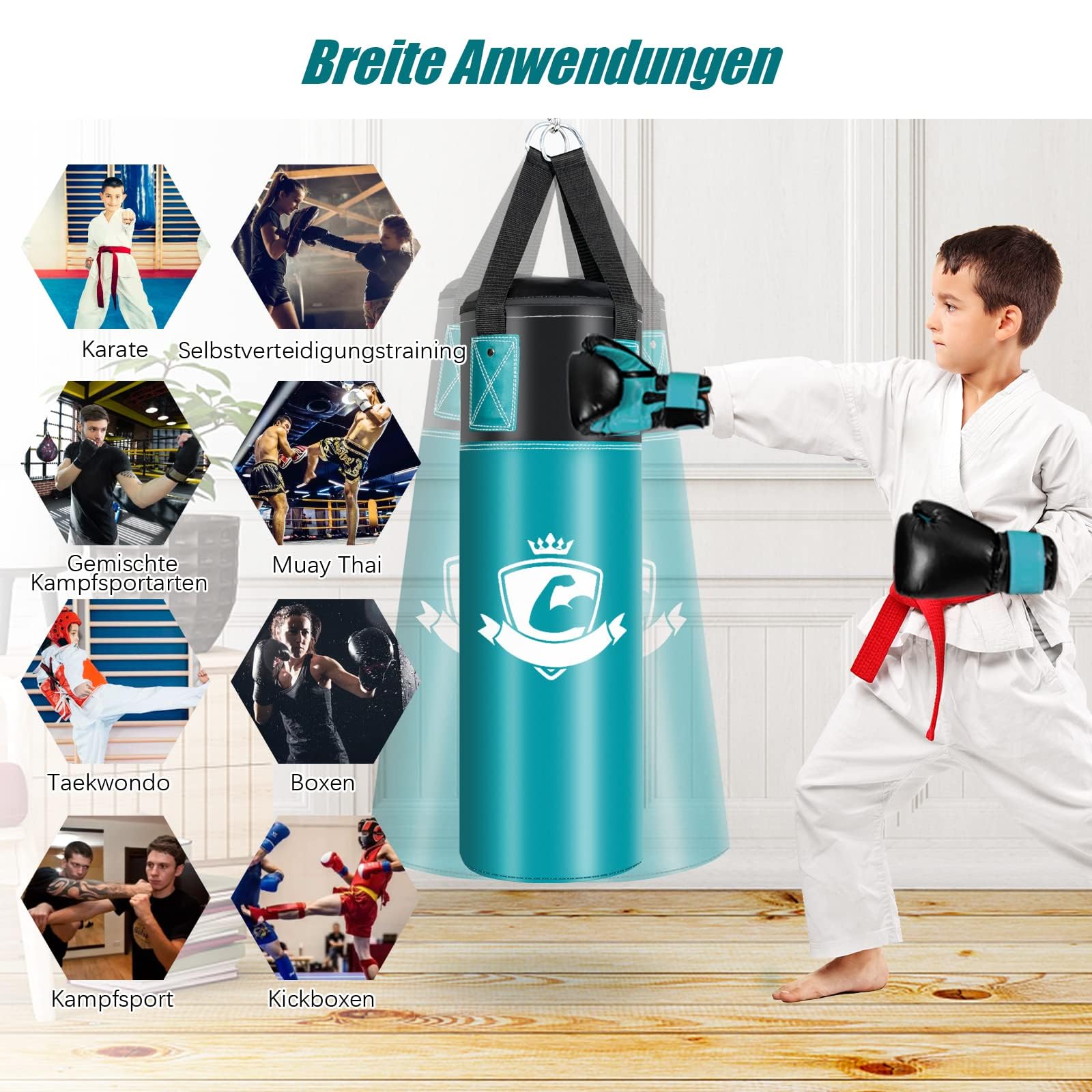 COSTWAY Kinder Boxsack Set mit 8oz Boxhandschuhen & Handschlaufen & Tasche, Punchingsack für Karate, Kickboxen, Taekwondo