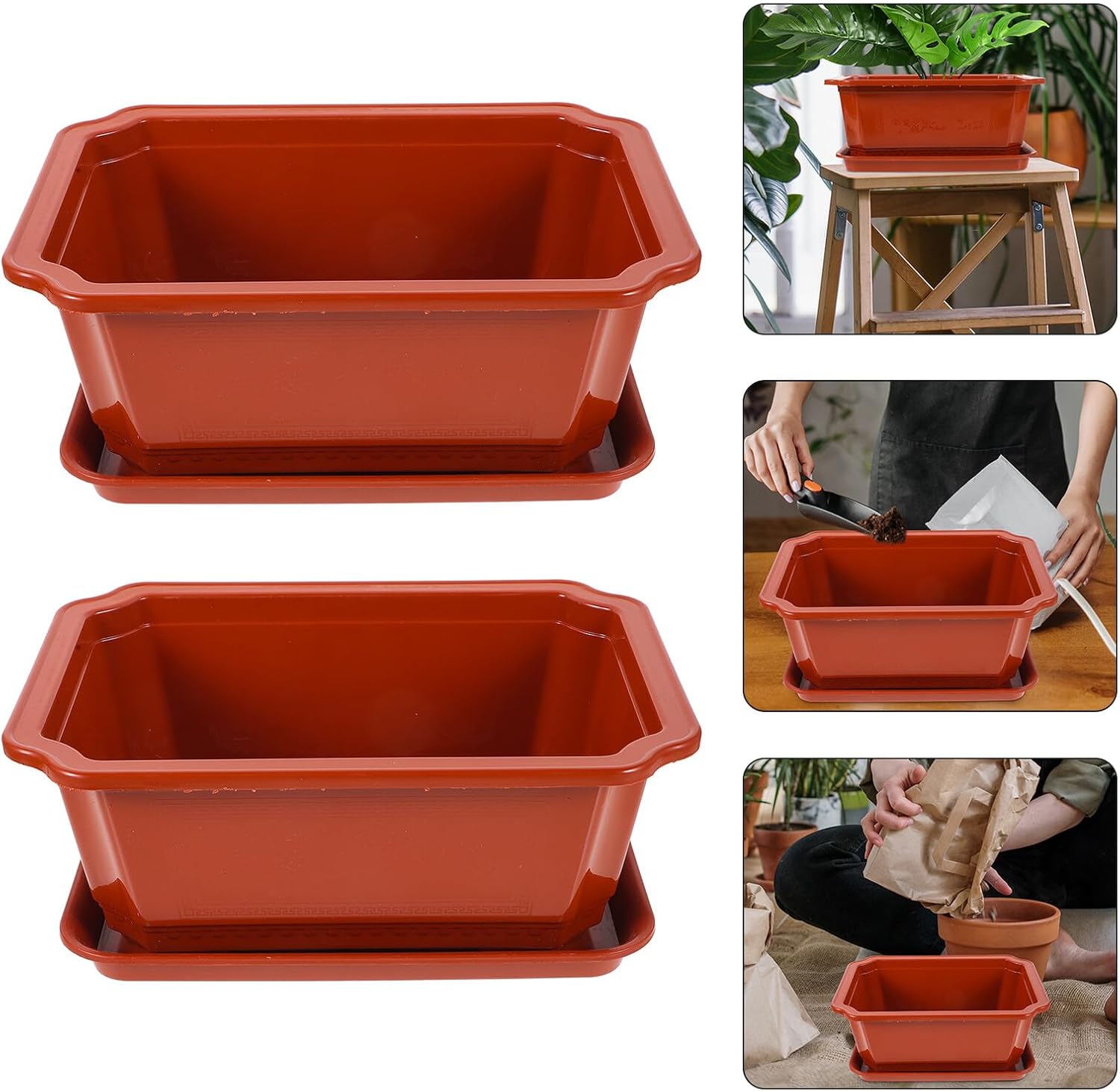 Oval Large Planter Bowl with Tray 2pcs Plastic Indoor Flower Pots Bonsai Planter Pot for Garden Balcony Patio Planting and Flower Cultivation