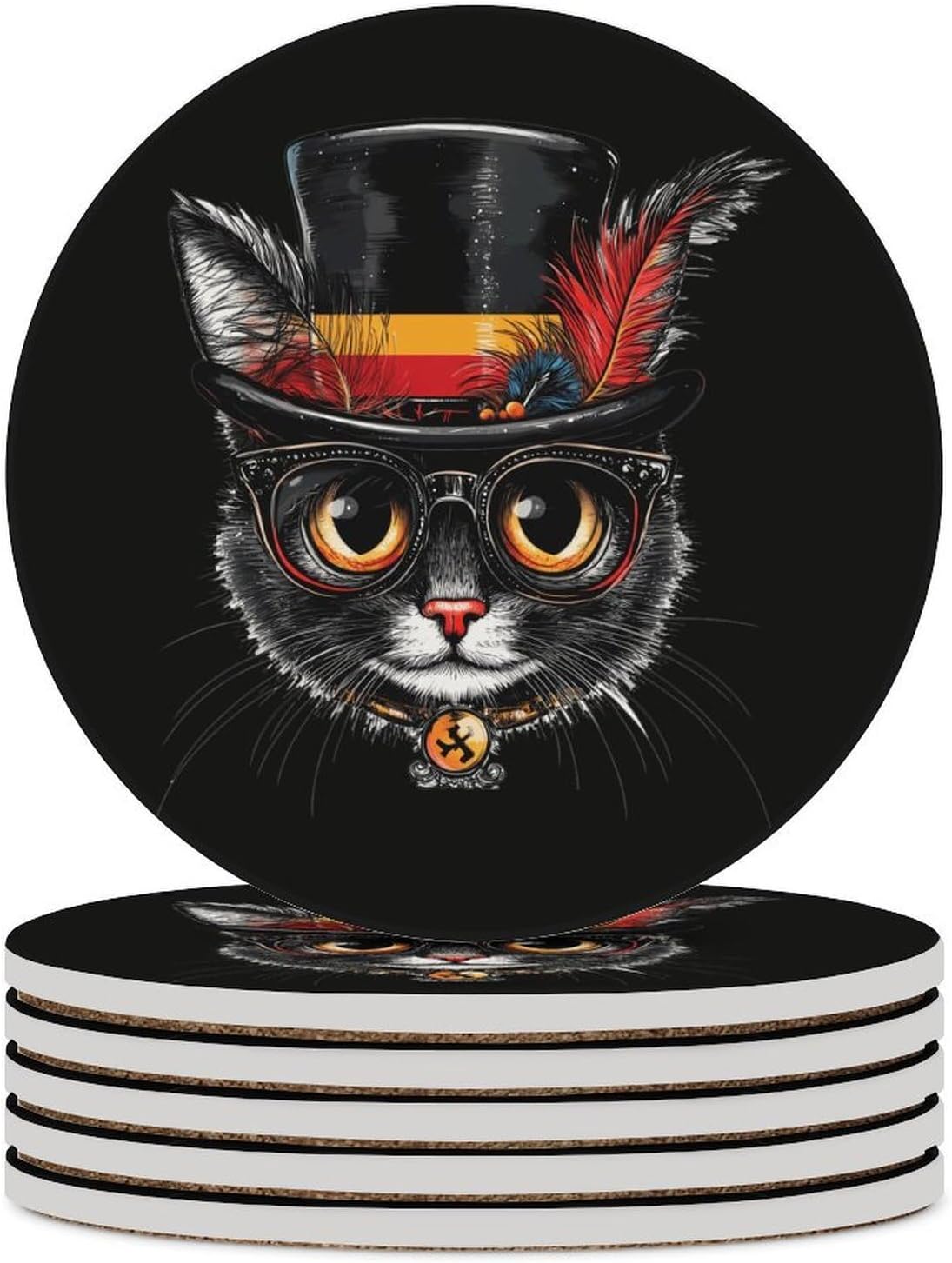 Cute Cat German Flag Coasters for Drink Round Ceramic Coaster with Cork Base Home Decorative 6PCS