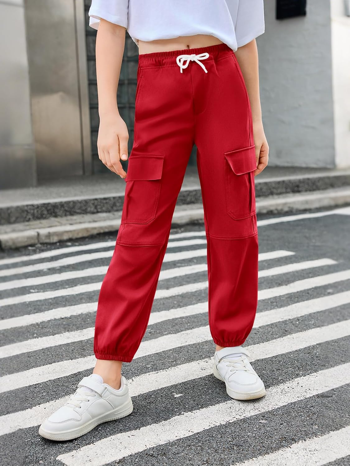 Haloumoning Girls Cargo Pants Kids Drawstring Elastic Waist Casual Jogger Pants with Pockets 5-14 Years - Image 2