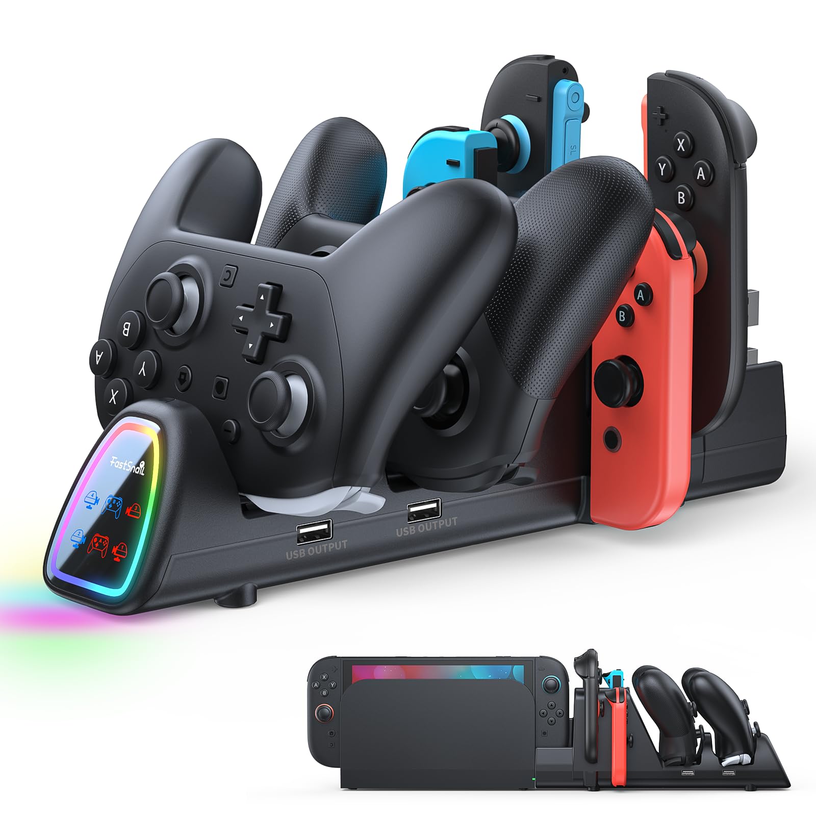 Photo 1 of FASTSNAIL [Switch 1/2 Compatible] Controller Charging Dock for Nintendo Switch 2/1 for Joycon 2, 10 in 1 Fast Controller Charger Station Stand for Pro Controller 2/1 with 11 RGB Modes, LED Indicator