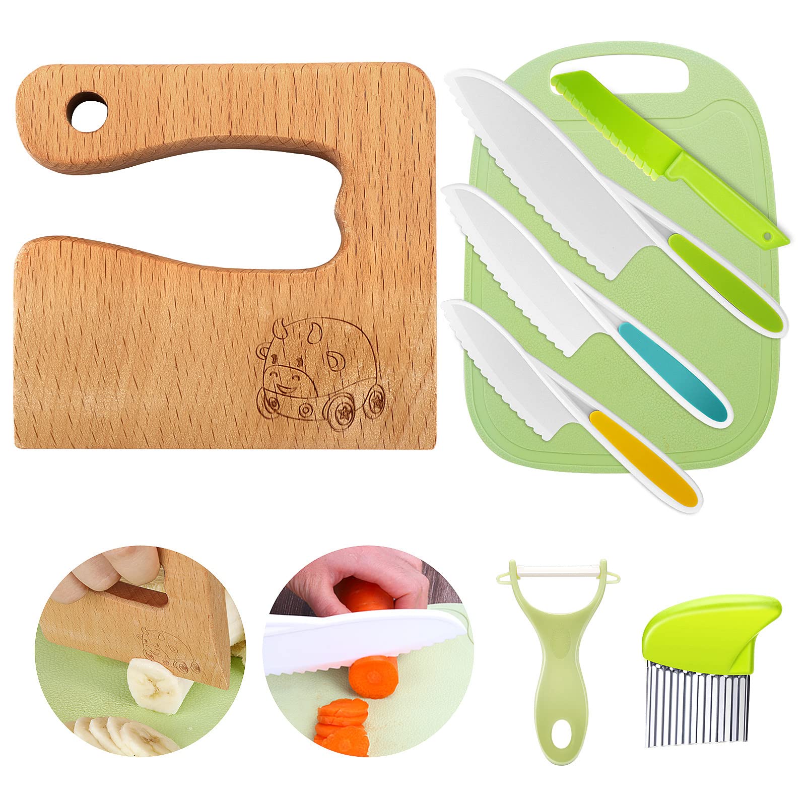 Goodchef Set di coltelli da cucina per bambini, 8 pezzi, per tagliare e cucinare frutta o verdura per bambini, con coltello in legno