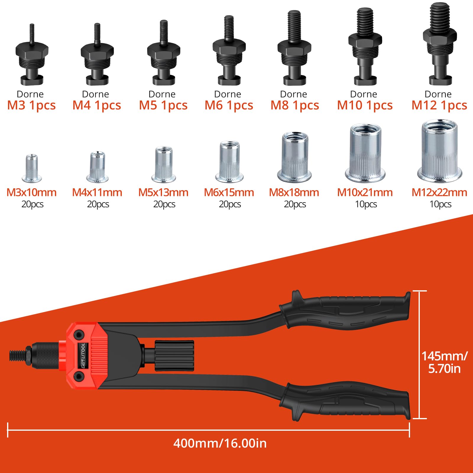 GETLITOOL Nietmutternzange Set, 40cm Nietzange inkl. 120 Nietmuttern, M3-M12 Dorne, Gewindenieten Zange Set für Kfz-Reparatur Metall Holz Möbel, Rutschfest Griff Einnietmutternzange mit Tragekoffer
