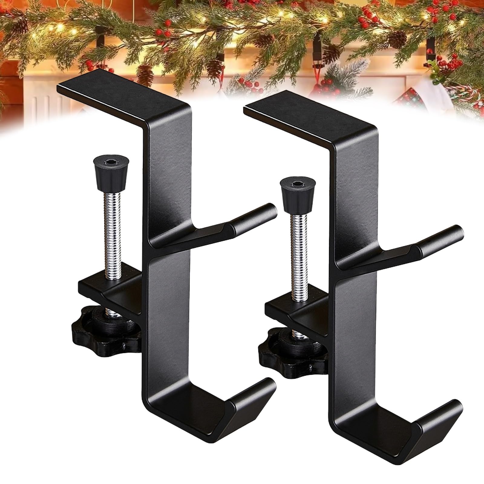 Mantle Hangers for Garland, 2 in 1 Mantle Hanger, Adjustable Garland Hanger, Garland and Stocking Hangers for Mantle, No Drill Garland Fireplace Stocking Hanger, for Christmas, Holiday, New Year(Black