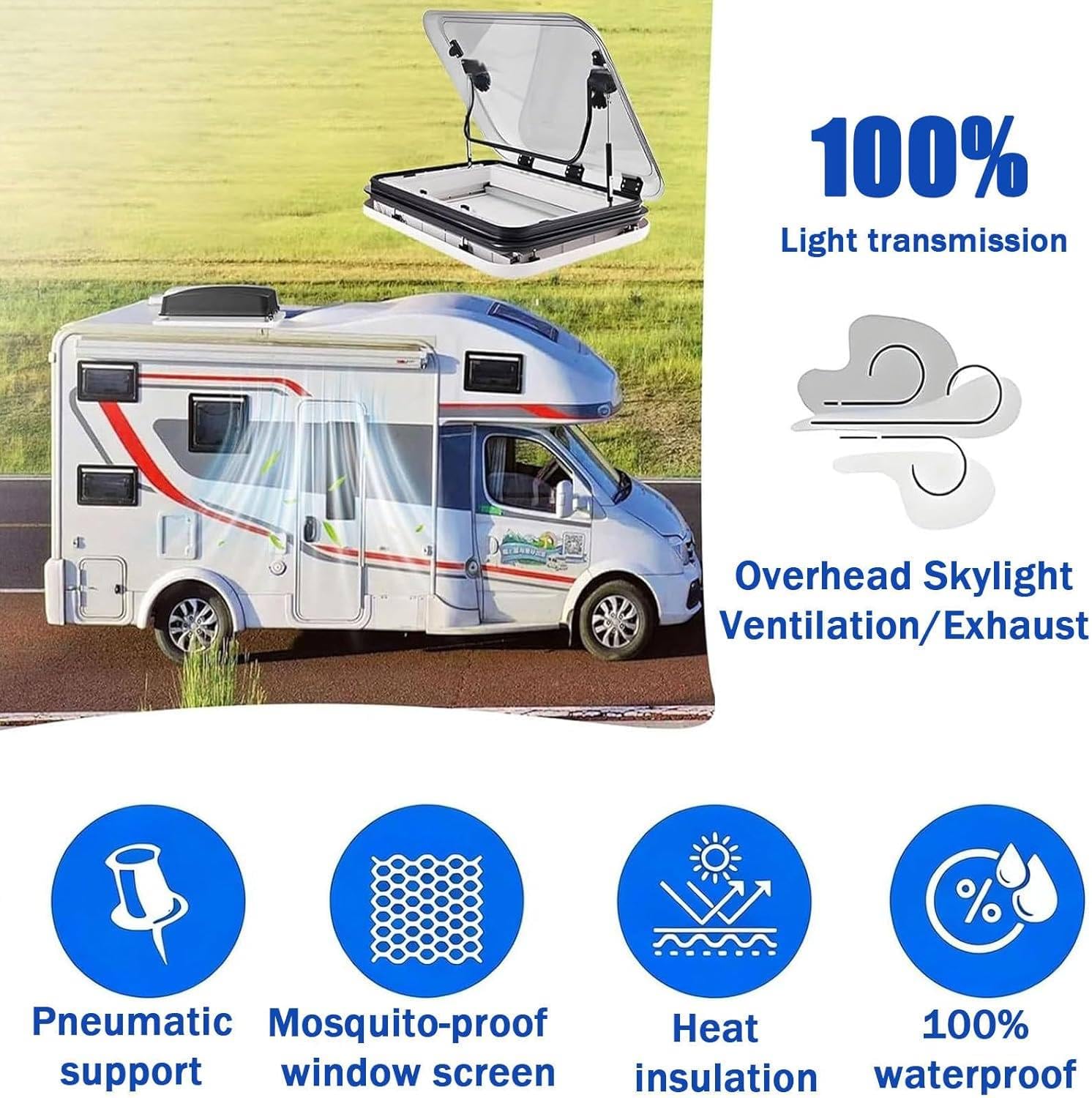 Clarobas Ventanas Autocaravanas, Escotilla Ventilación Techos Autocaravanas Y Caravanas, Claraboya Techo Furgoneta Camper, Con Toldo Y Mosquitera, Para Autocaravana, Caravana, Camper 500*500mm