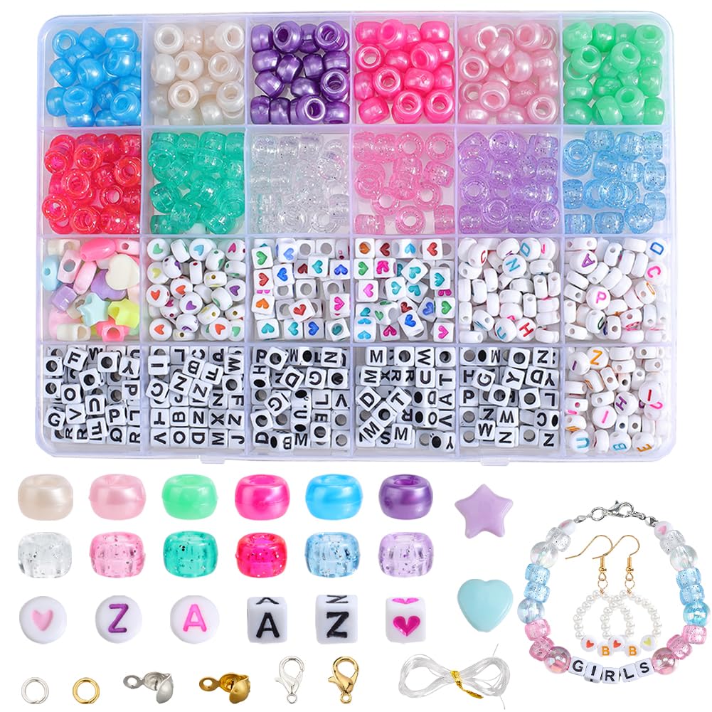 SOFPLATE 1 Box 12 Colors 944Pcs 6 x 9mm Pony Beads Kit Bulk Friendship Bracelet Kit Pony Beads with Letters Heart Bead Jump Rings Clasps Caps Elastic Cord Kandi Beads for DIY Bracelets Jewelry Making