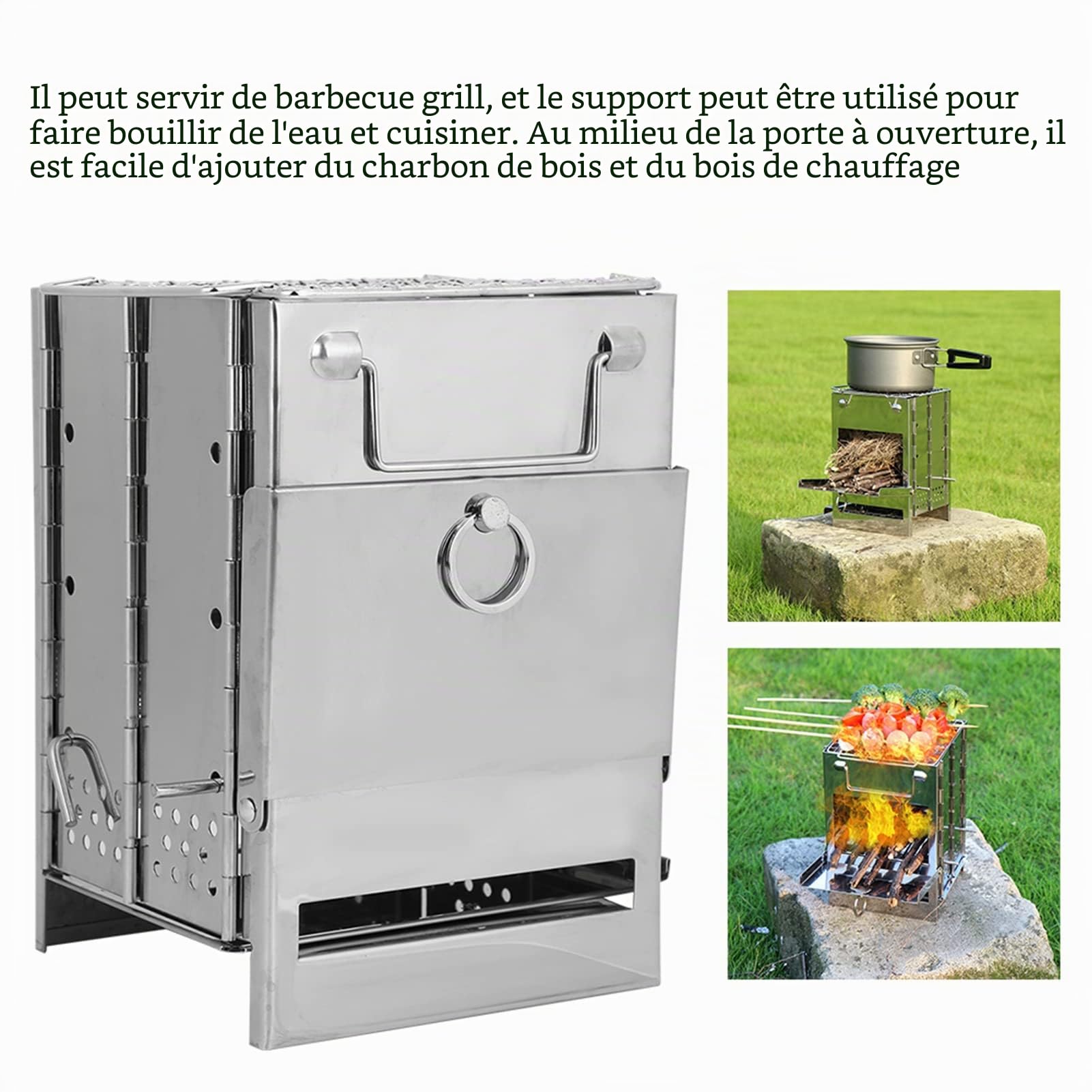 Réchaud de camping à bois, réchaud de randonnée portable avec gril en acier inoxydable pliable pour le camping en plein air, la cuisine, le pique-nique et le barbecue