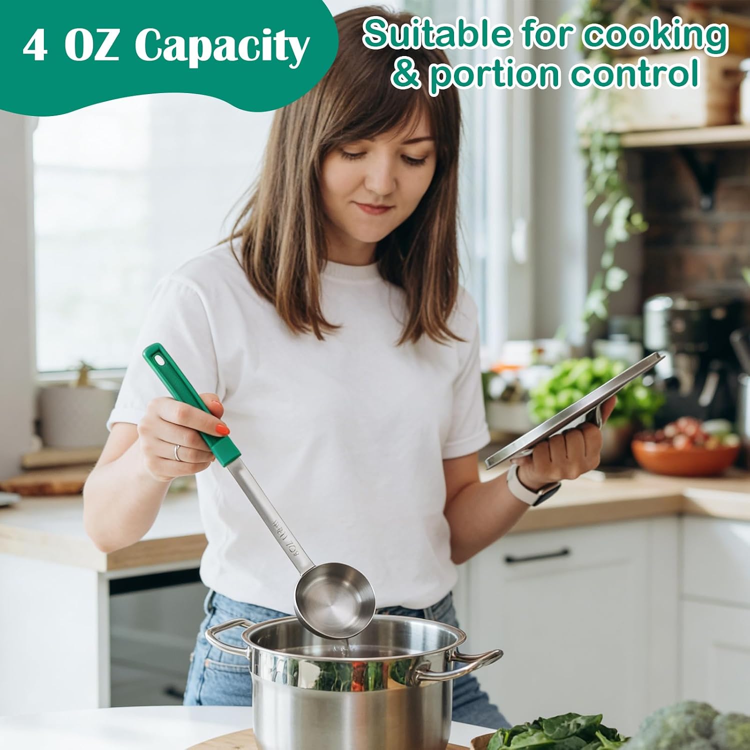 8 PCS Portion Control Serving Spoons, 4 oz Portion Scoops Cups, Solid and Slotted Stainless Steel Ladle Spoon, Pizza Sauce Ladle for Food, Serving Utensils, Measuring and Serving - Green