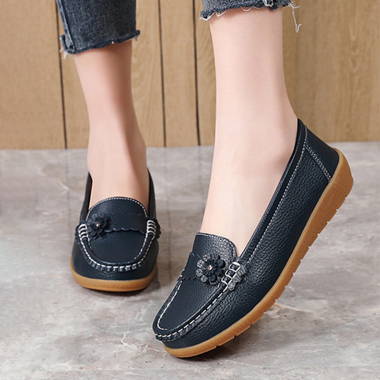 Generisch Mocasines de mujer Mocasín Zapatos planos para mujer elegantes zapatos planos Slip-On moda casual mocasines mujer cuero zapatos de barco zapatos anchos sin dolor largo de pie