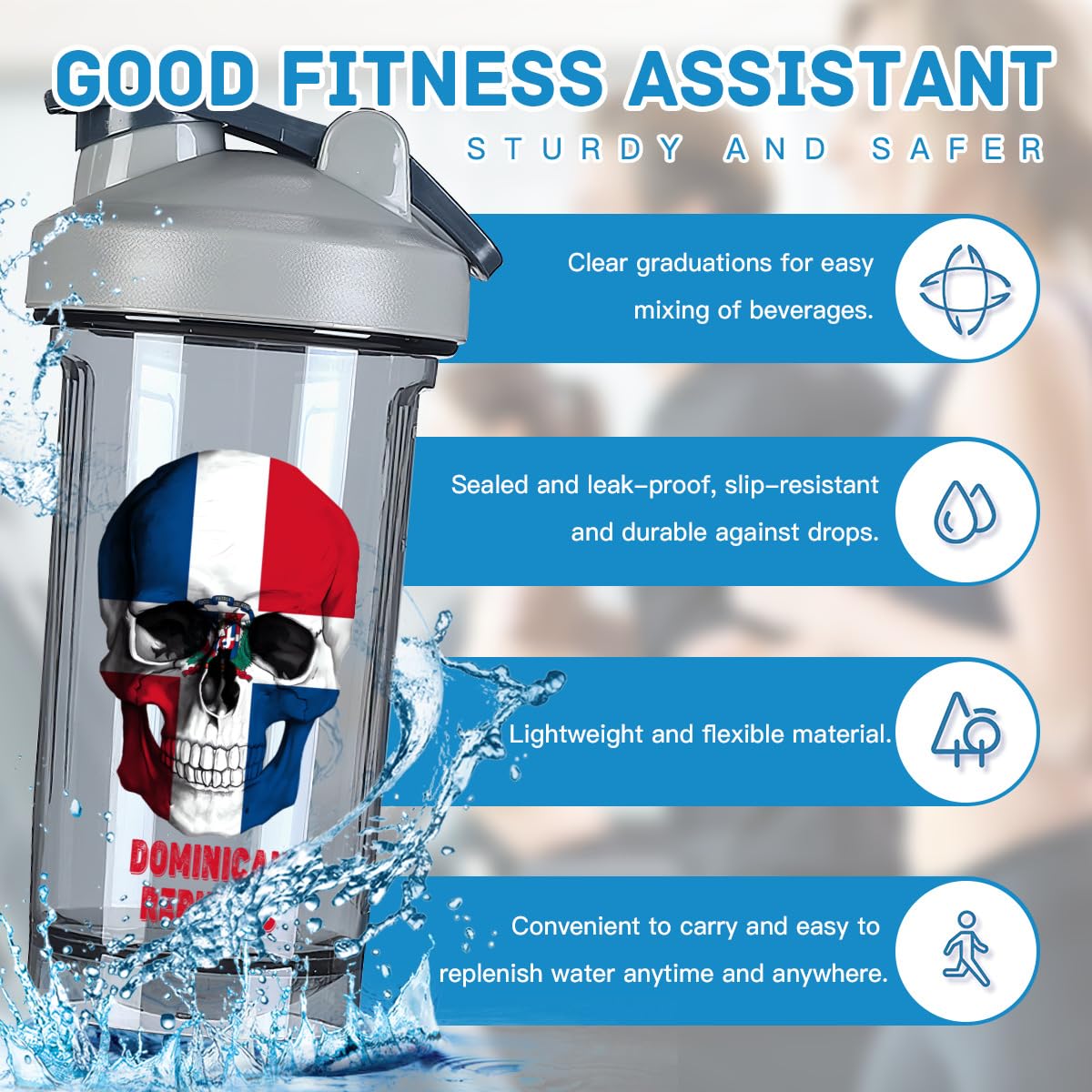 Skull Dominican Republic Flag 18 Ounce Shaker Cup,Fashion Theme Pattern Shaker Bottle Leak-proof Workout Shake Bottles 500ML/18 oz Perfect for Pre Workout-3-1