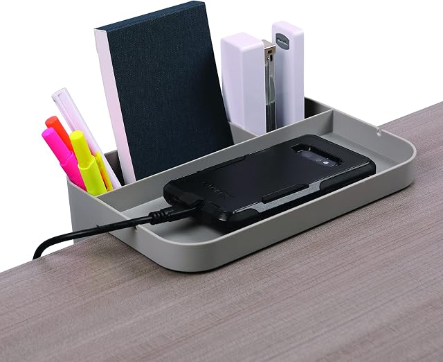 Deflecto Space Saving Large Desktop Storage Organiser, Standing Desk Stationery Holder Attachment, Desk Drawer Organiser with Storage Tray, Desk Tidy, Pen Holder - Grey