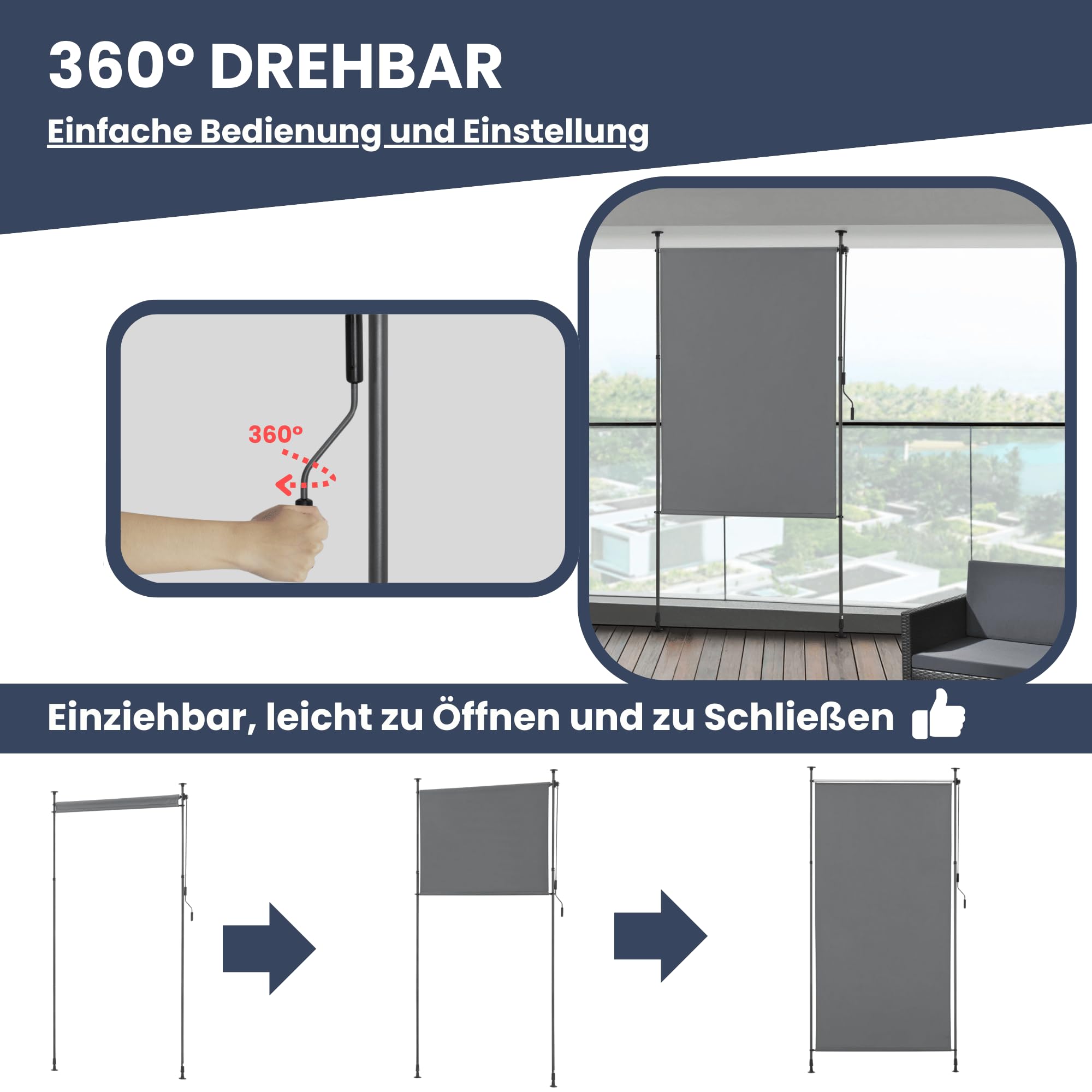 DELUKE® Außenrollo Sonnenschutz Mark - Ohne Bohren | Senkrechtmarkise Balkonrollo Vertikalmarkise Markise für Fenster Sichtschutz Sonnenschutz Außen Beschattung Windschutz