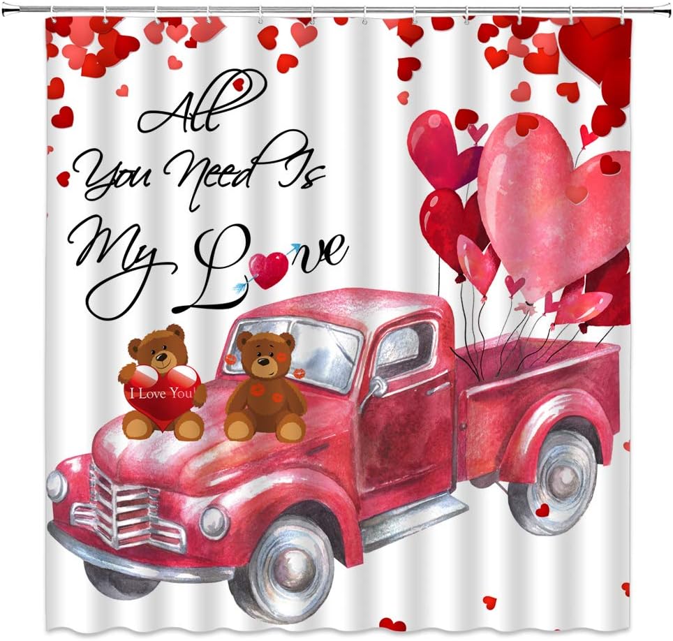 Red Truck Shower Curtain Valentine's Day Red Heart Shaped Balloon Farm