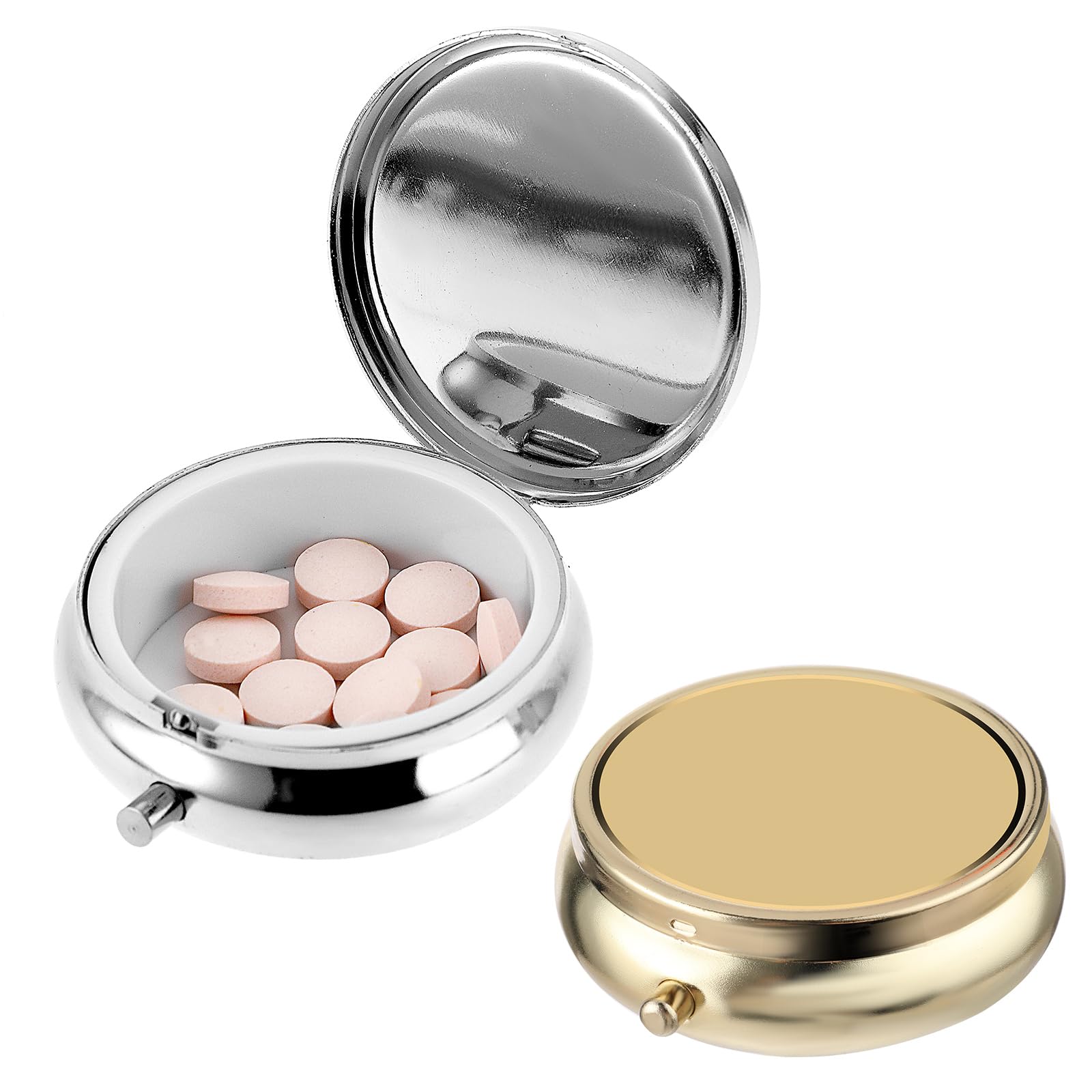 WY LIGHTING LEVEL Pill Box Pack of 2 Small Pill Box Handbag or Bag Portable Cute Pill Container Metal Pill Box Decorative Holder for Medicines Vitamins Fish Oil and Dietary Supplements (2 Colours) Silver, Gold 2 piece