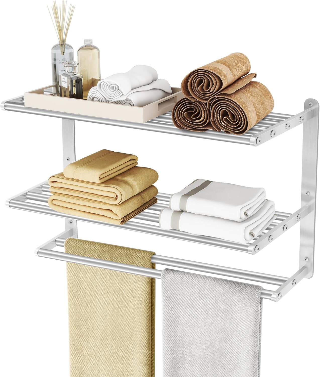 3 Tier Towel Racks for Bathroom Wall Mounted, 32 inch Bathroom Shelf with Towel Bar, Brushed Nickel Shelves for Towels, Stainless Steel Modern Silver Multi Holder