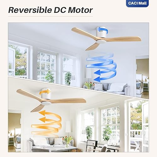 Miniatura 4 de CACI Mall Ventilador de techo de madera maciza de 52 pulgadas sin luz, montaje empotrado, 3 cuchillas, perfil bajo, moderno, ventiladores de techo