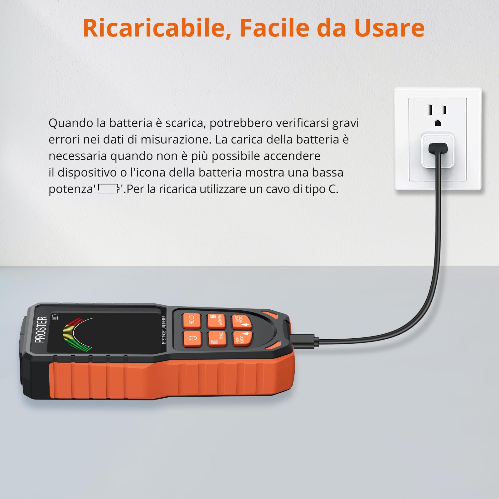 Proster Misuratore di Umidità Digitale da Parete Rricaricabile Rilevatori di Umidità Muri Igrometro Professionale Senza Ago con LCD a Colori e Allarme Acustico Muro Muratura Legno Tenero e Duro
