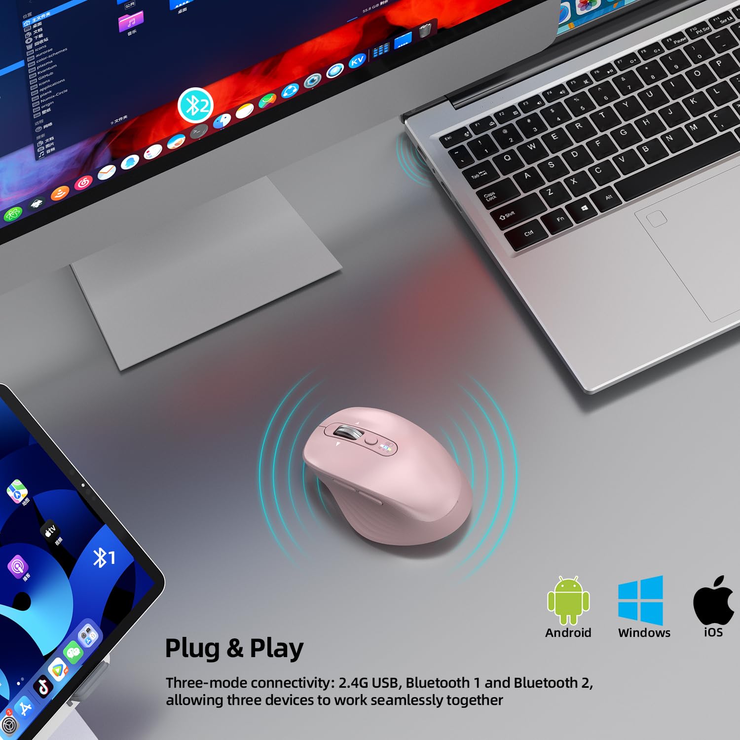 Wireless Bluetooth Ergonomic Silent Pink Mouse for Laptop & Mac, Multi-Device (BT1/BT2 + 2.4G USB) One-Click Switch, 4-Way Metal Scroll Wheel, 3000 DPI Office Mouse for PC MacBook iPad