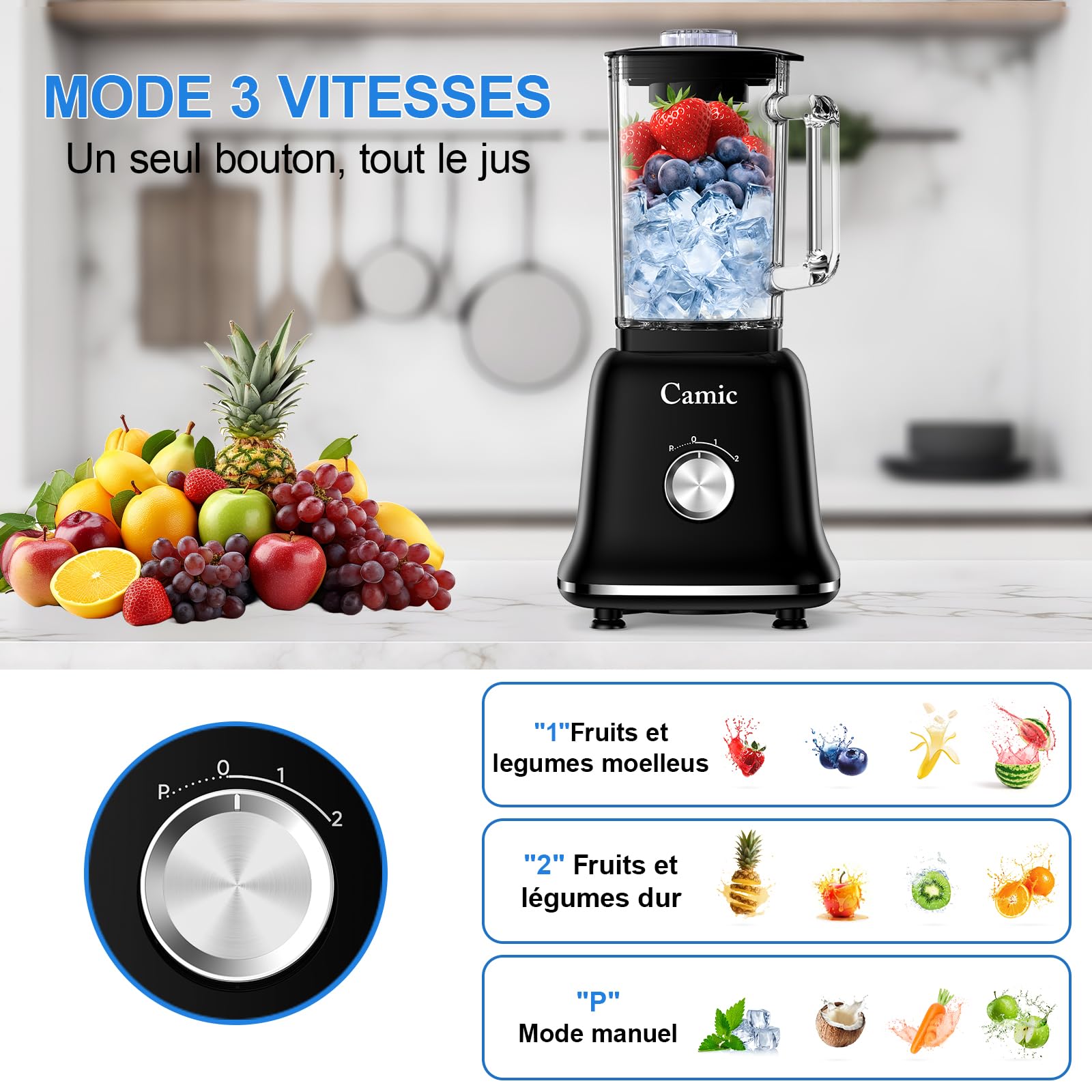 Camic blender mixeur 1200 W Mixeur Multifonction 3 en 1 avec Récipient en Verre de 1,6 L, mug de Voyage de 400 ml et Gobelet de Broyage de 200 ml, Mixeur à Impulsion/2 Vitesses