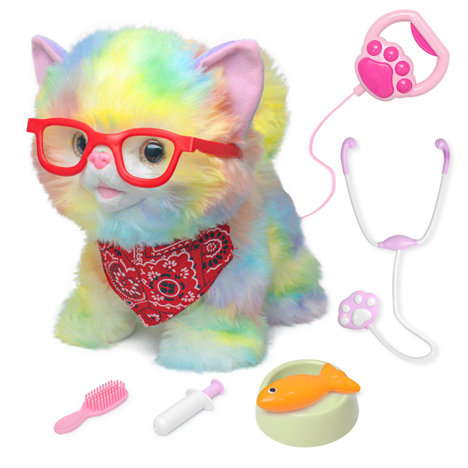 YH YUHUNG Walking Robot Cat Toy for Kids 3+, Remote Leash Controller — Rainbow Plush Kitty That Walks, Meows & Wags Tail, Vet Playset Accessories, Soft Fur, Battery-Powered 【3×AAA Not Included】