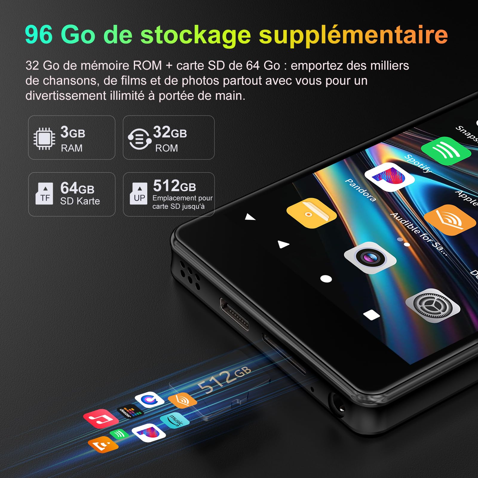 Lecteur MP3 96 Go avec Bluetooth WiFi, Lecteur MP4 4,02 Pouces avec Appareil Photo et Haut-Parleur, lecteurs MP3 Android 13 avec Spotify Kids, Audible, Deezer, Play Store