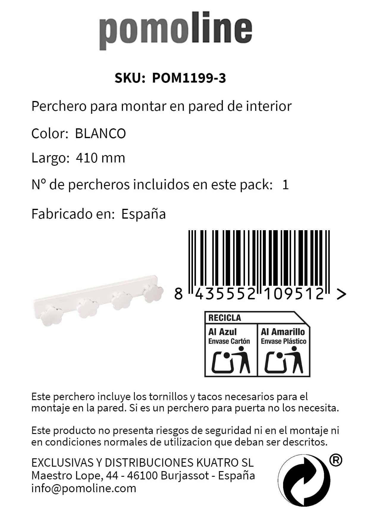 POMOLINE Percha Pared Habitación Bebé Nubes Blancas | Madera lacada, Base plástico resina ABS, 410x60MM