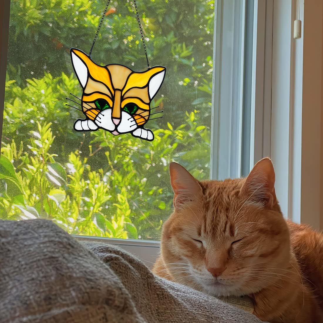 BOXCASA Cat Memorial Gift Stained Glass Window Hangings,Orange Cat Decor Suncatcher Pet Loss Sympathy Gift for Women Mom,Pet Memorial Gifts for Cats Lovers,Cats Portrait