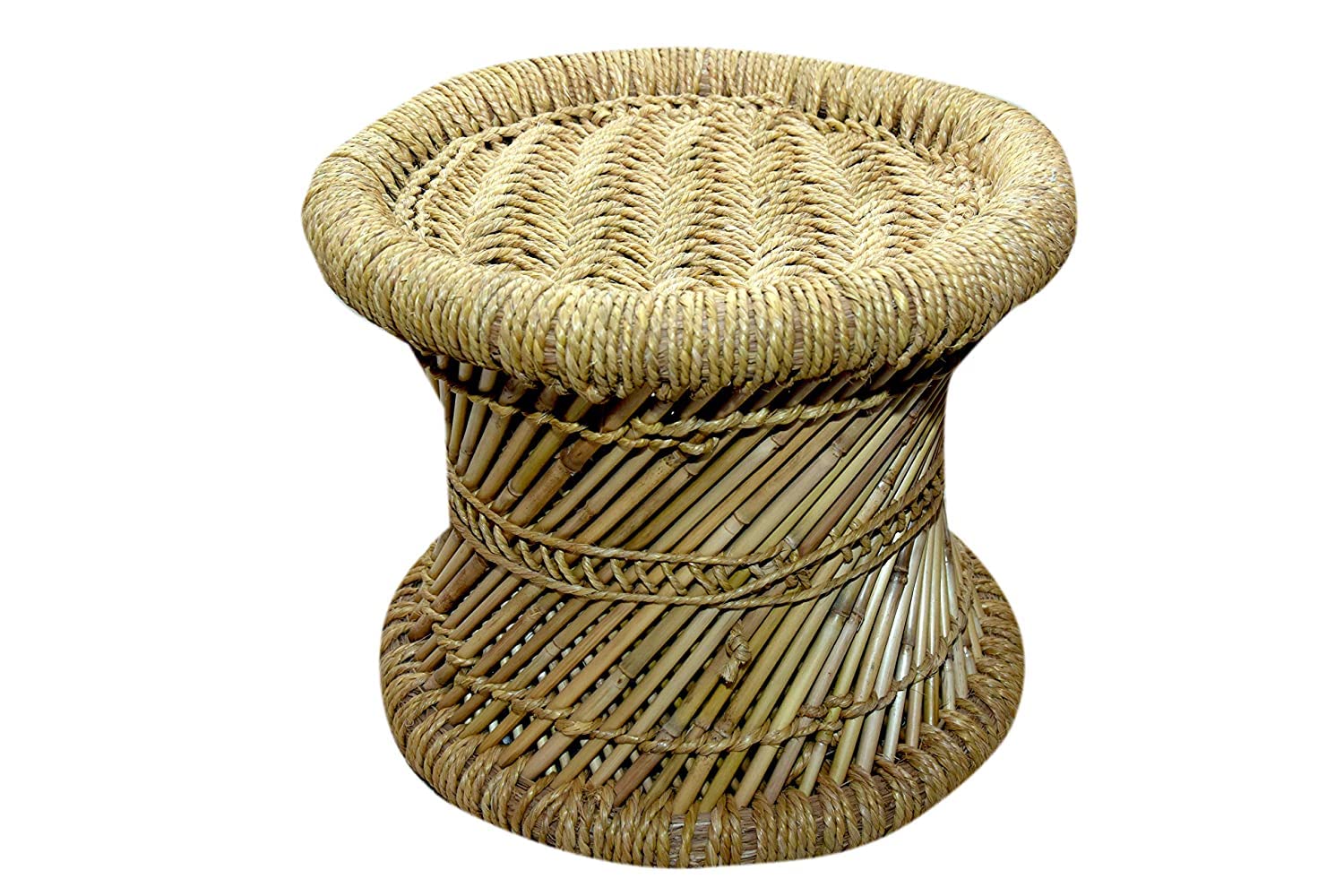 Natural & Handmade Bamboo Mudda with Beige | Cane Stool | Stool | Rattan- 13 X 14 Inch
