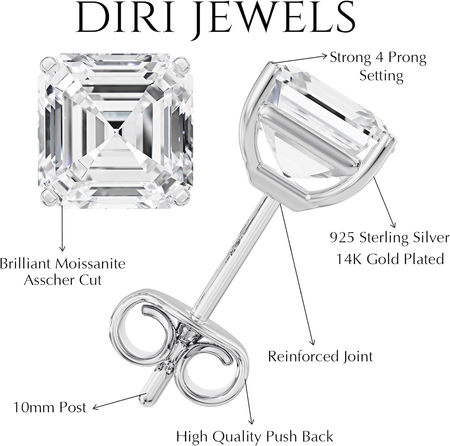 Moissanite Stud Earrings, 0.5ct-3ct D Color VVS1 Clarity Moissanite 14K White Gold Plated Sterling Silver Imitation Diamond Push Back Earrings For Women - Image 2