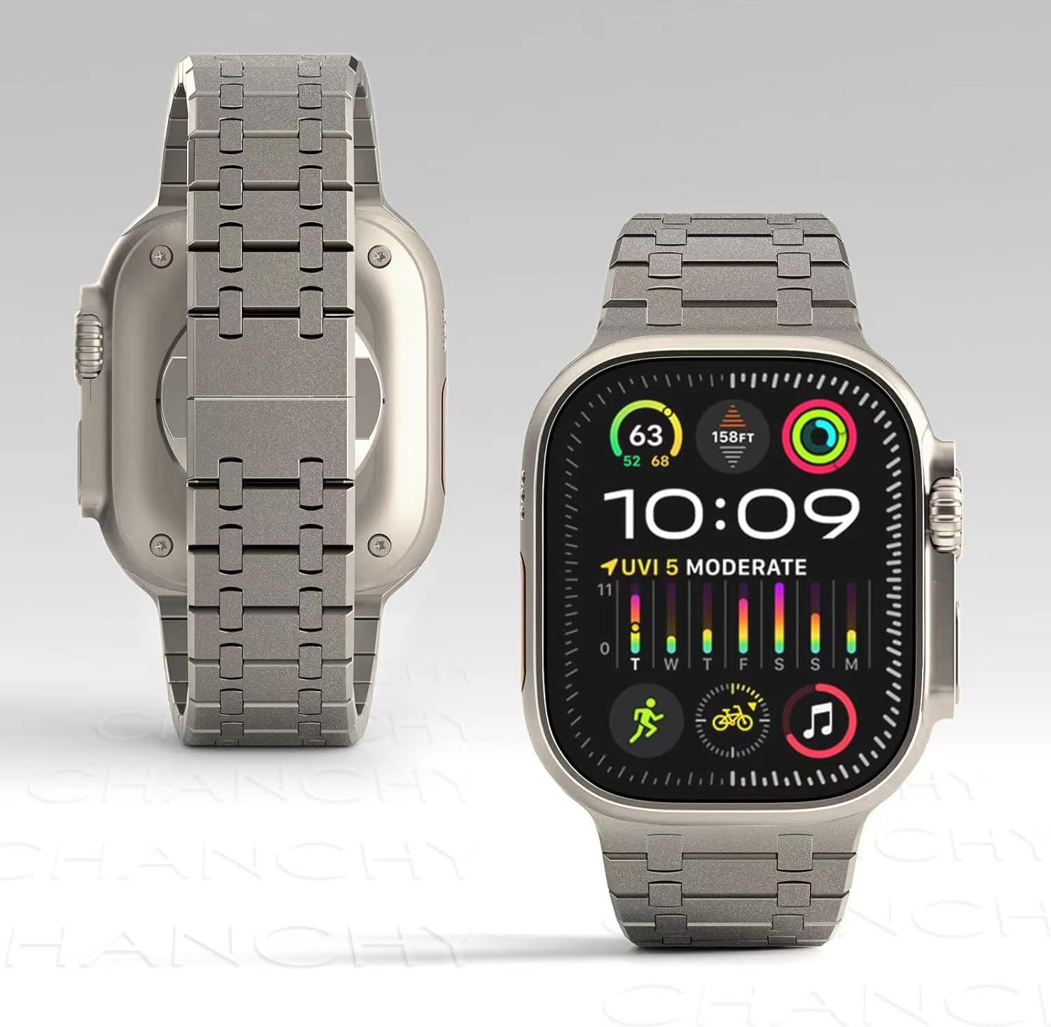 VeveXiao Stainless Steel Band Compatible with Apple Watch Ultra 2 Band 49mm 45mm 44mm 42mm Metal Link Bracelet with Butterfly Clasp for iWatch Series 9/8/7/SE2/6/5/4/3/2/1 Men Women Strap , Flash Titanium