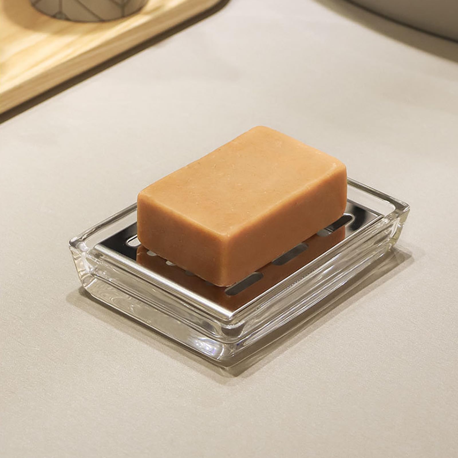 Glass Soap Dish (11.3 x 8.5 x 2.4cm) Stainless Steel Soap Holder for Bathroom and Shower Double Layer Draining Soap Box (Slivery tray) - Image 4