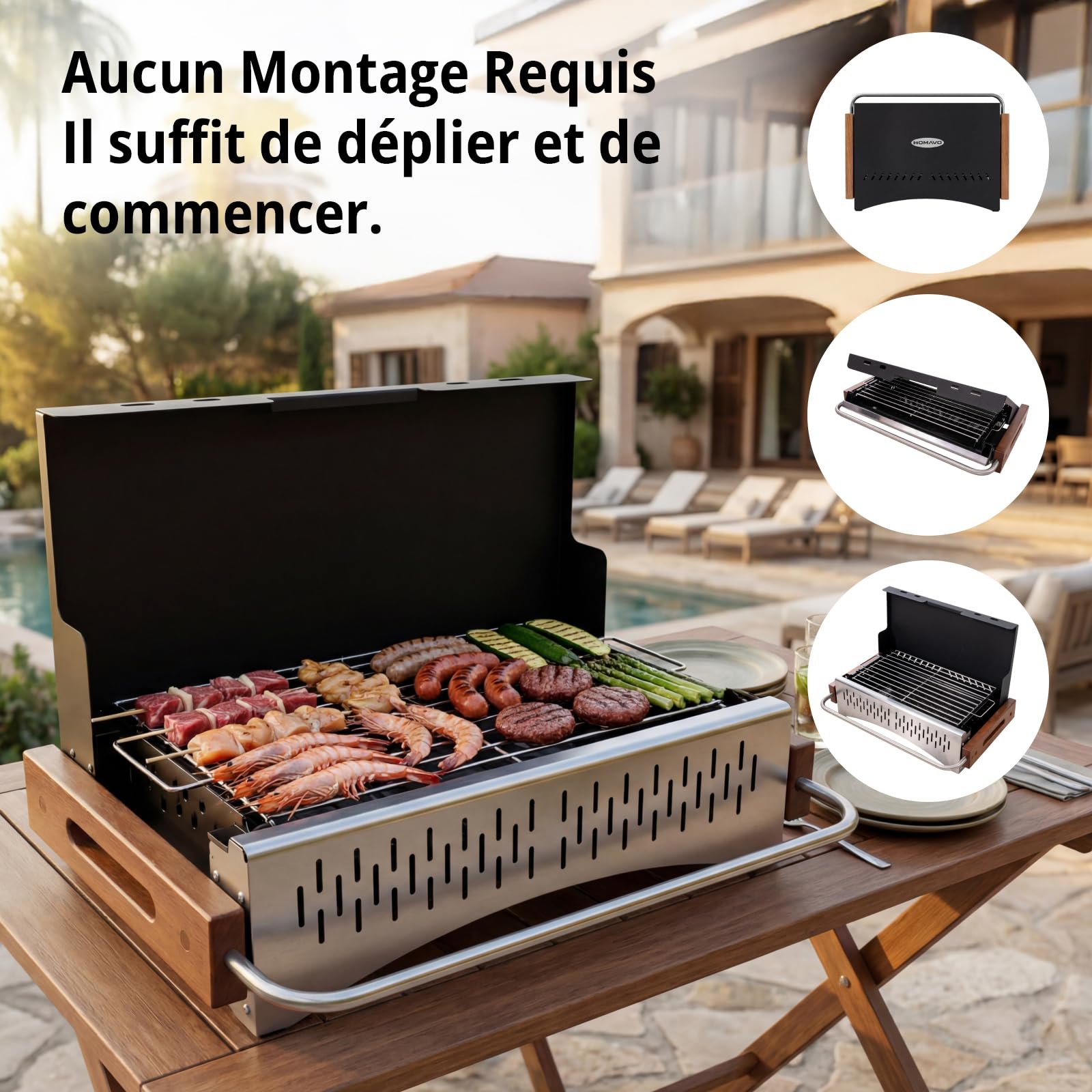 Barbecue charbon portable, grill pliable extérieur 38,15 x 20,95 cm, montage sans outils, grille réglable 2 niveaux, idéal balcon camping jardin