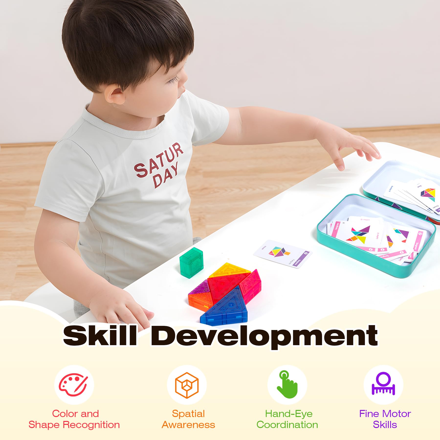 Puzzle Magnetico 3D Tangram – Tangram Magnetico per Bambini dai 3 Anni in su con 32 Tessere, Gioco Educativo da Viaggio per Bambini, Perfetto Come Regalo per i Bambini