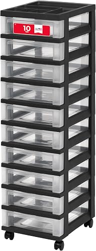 IRIS USA Plastic Drawer Storage Organizer Rolling Cart with Wheels Casters 10-Drawers for Classroom Art Craft Supplies Dresser Closet Bathroom Laundry Room Black/Clear