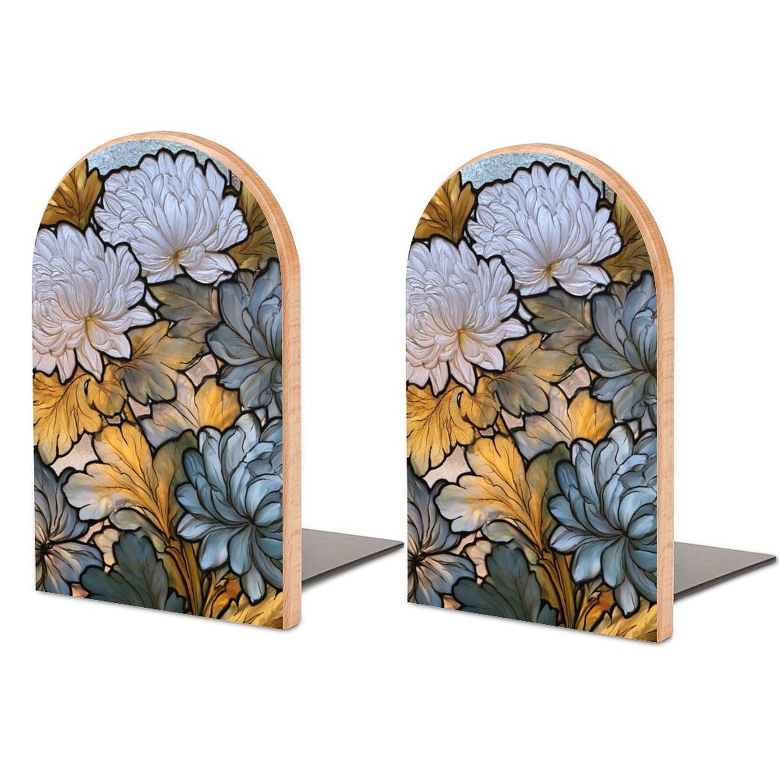 Stained Glass White Chrysanthemum Flowers Wooden Bookends Shelves 2 PCS Sturdy Book Holders Desktop Organizer for Home Office Libraries