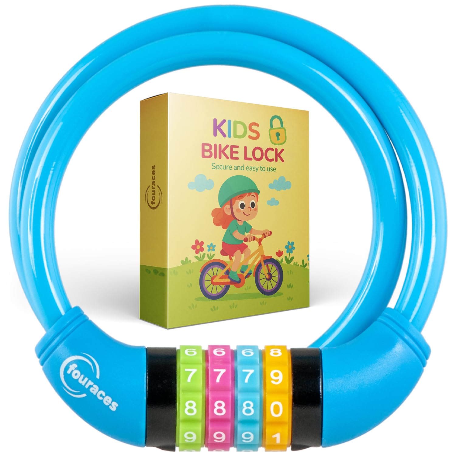 fouraces Bicycle Lock 65 cm, 4 Digit Combination, 10mm, Anti Theft for Bike, Scooter, Buggy, Kids, Girls and Boys, Lightweight
