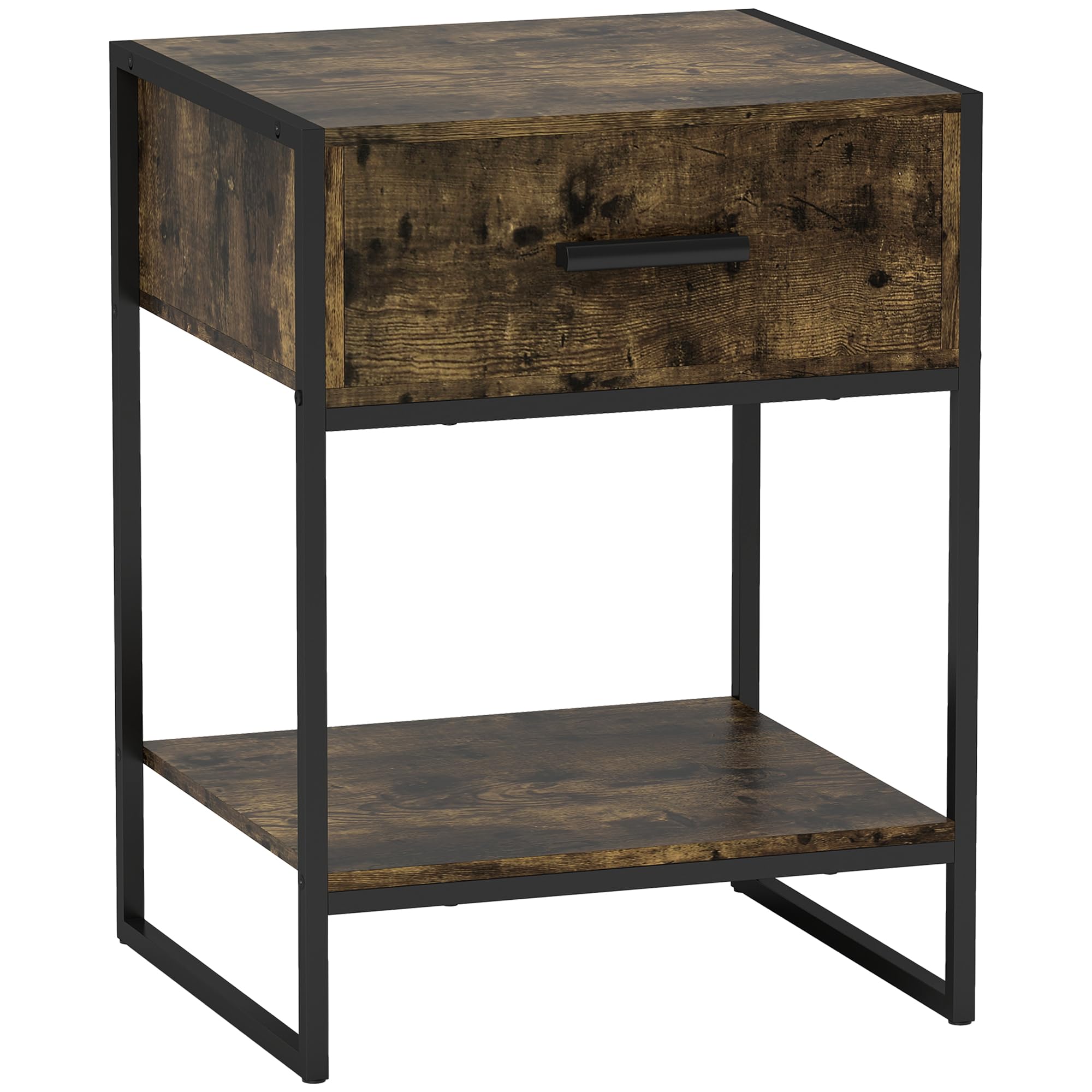 HOMCOM Bedside Table Storage Drawer Open Shelf Metal Frame Rustic Brown