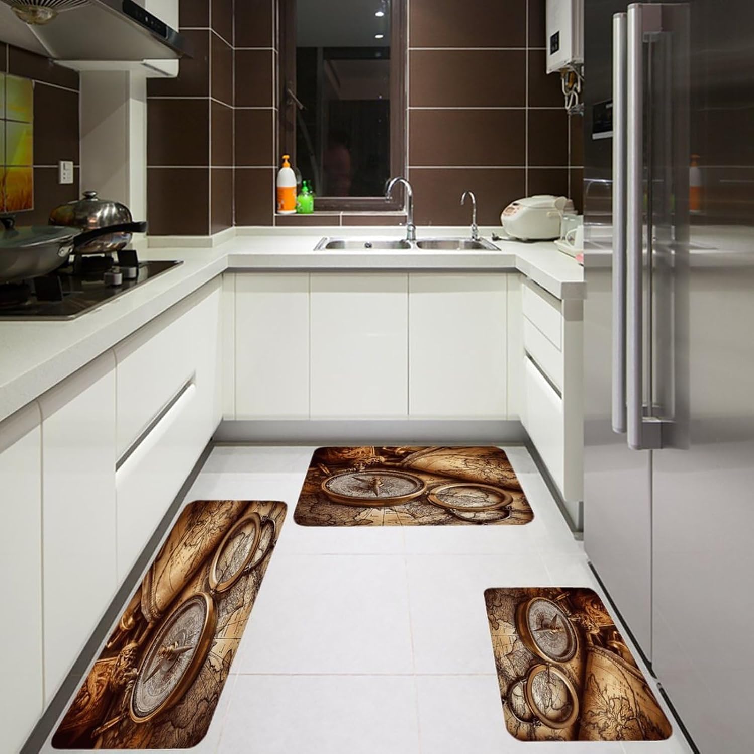 Compass and Old World Map Kitchen Rugs Set of 3 Non Slip Washable Kitchen Mats for Floor Soft Area Rug Kitchen Floor Mat Cushioned Anti Fatigue Mats Standing Sink Mat Decor Runner Rugs