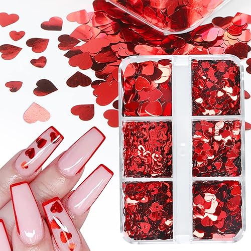 Miniatura 6 de 6 rejillas de corazón rojo con purpurina lentejuelas holográficas de corazón calcomanías de arte de uñas de amor calcomanías de uñas para el día de