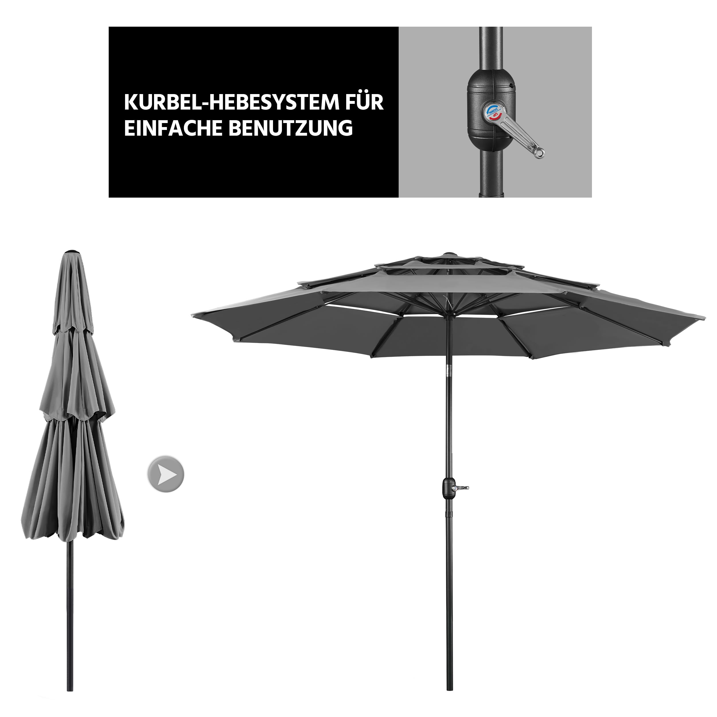 Yaheetech Parasol przeciwsłoneczny z 3-warstwowym dachem Φ 324 cm, odchylany parasol ogrodowy, ochrona przed promieniowaniem UV, wentylowany, okrągły parasol do ogrodu/balkonu/tarasu/plaży, szary