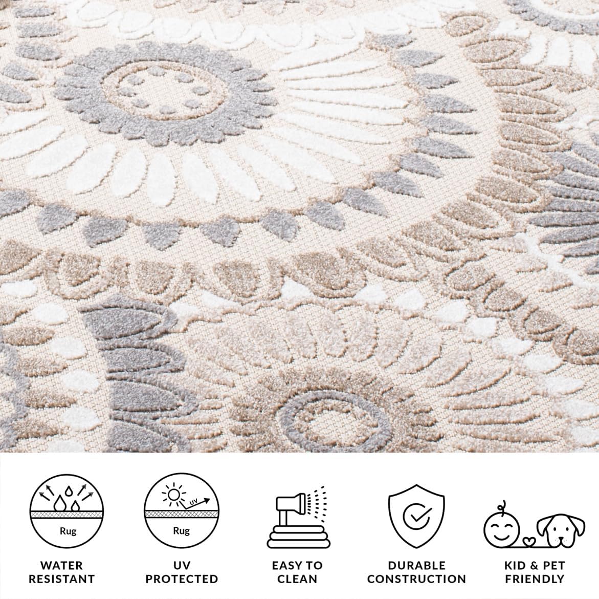 SAFAVIEH Washable Rug Outdoor Cabana Collection - 3' Square, Grey & Ivory, Non-Shedding & Easy to Clean, Ideal for Patio, Backyard, Mudroom (CBN382F)