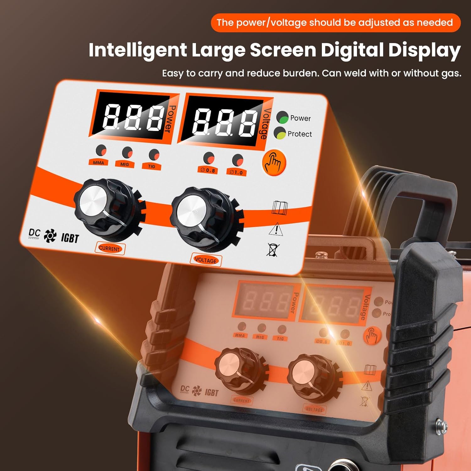 Close-up of the intelligent large screen digital display on the RSYEKU MIG135 welding machine, showing power and voltage readings.
