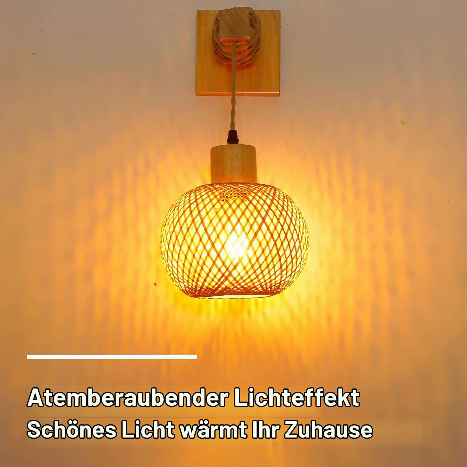 Wandleuchte Innen Boho Vintage Bambuslaterne Lampe,E27 Nylon-Seil Bambus Und Massiv Holz Wandlampe Innen Kreativ Handgewebt Boho Lampe FüR Wohnzimmer Schlafzimmer Esszimmer